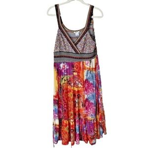 Alison Sheri Floral Colorful Artsy‎ Boho VNeck Sleeveless Maxi Dress Size Large